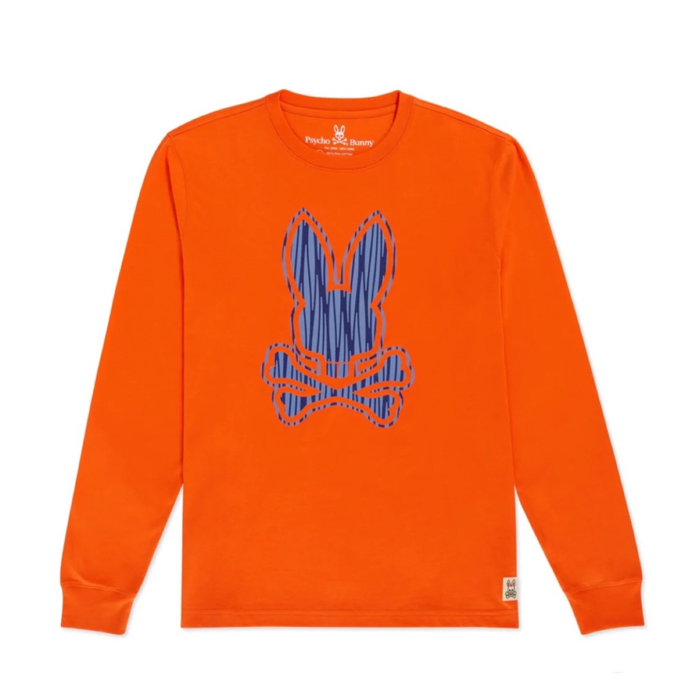 Psycho Bunny Men's Brilliant Orange Kendal Graphic Crew-Neck Long Sleeve T-Shirt